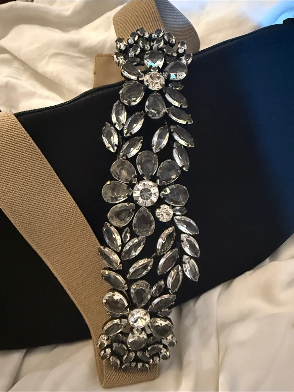 BCBGMaxAzria Black Belt with Beige Elastic and Crystal Embellishment